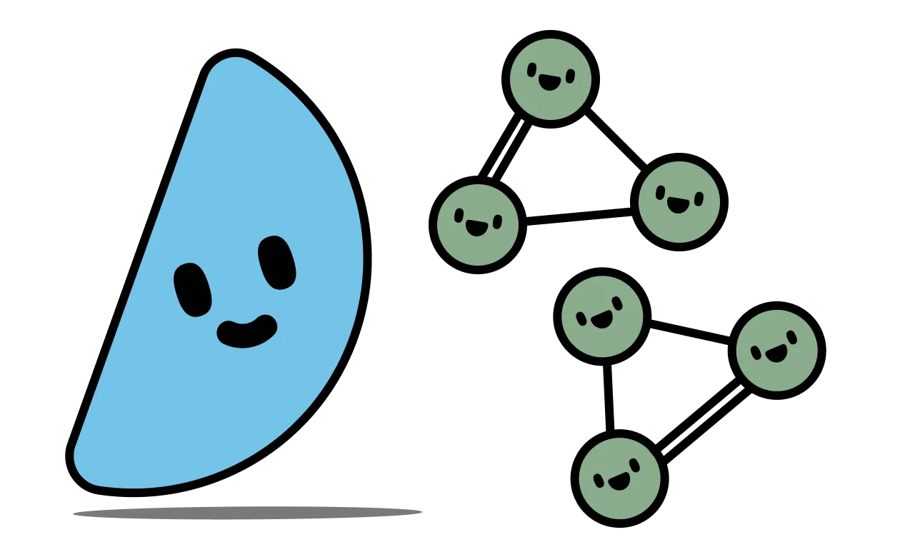 A character looking at molecules and atoms