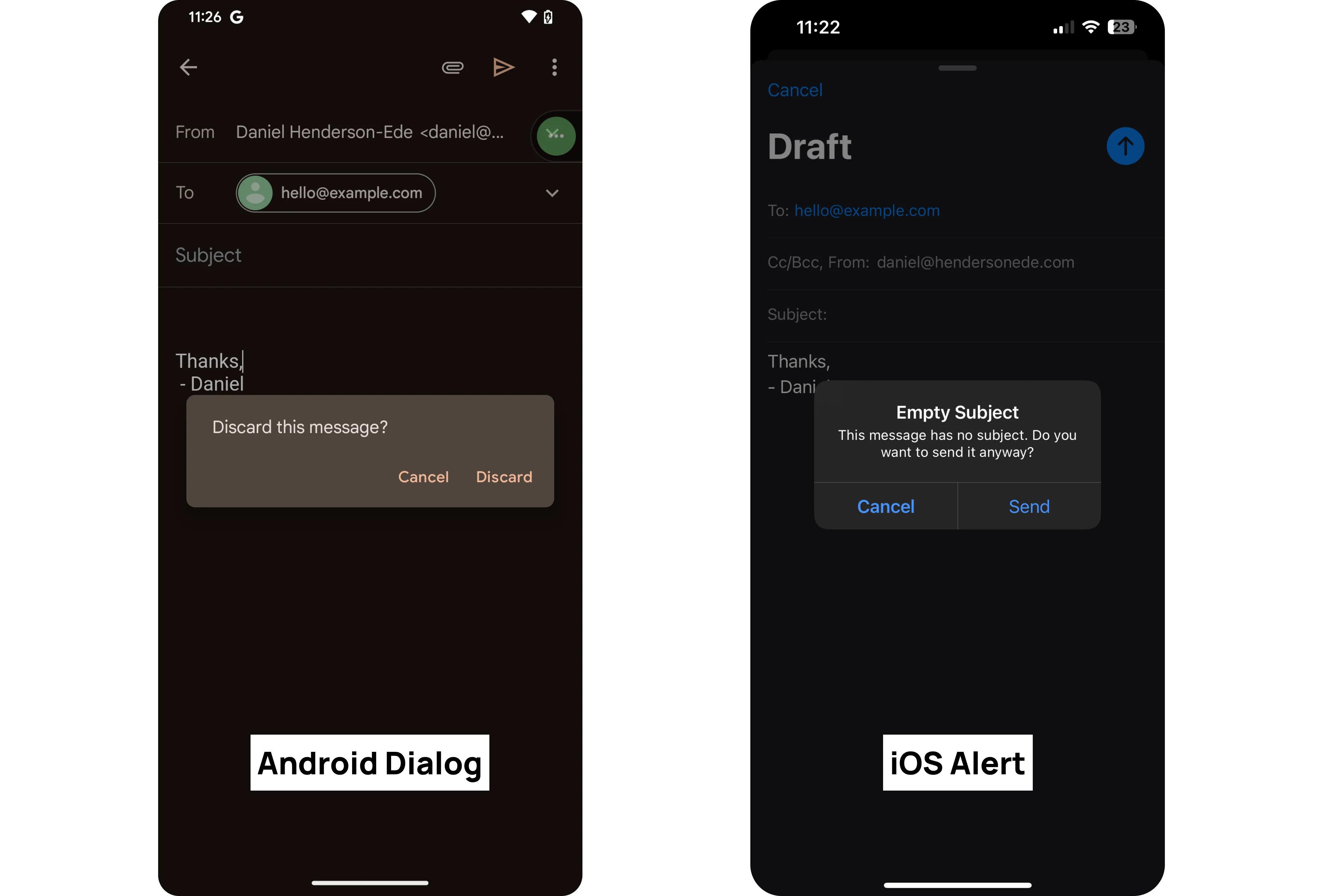 A screenshot of the Android Dialog and iOS Alert components within the respective default Mail apps