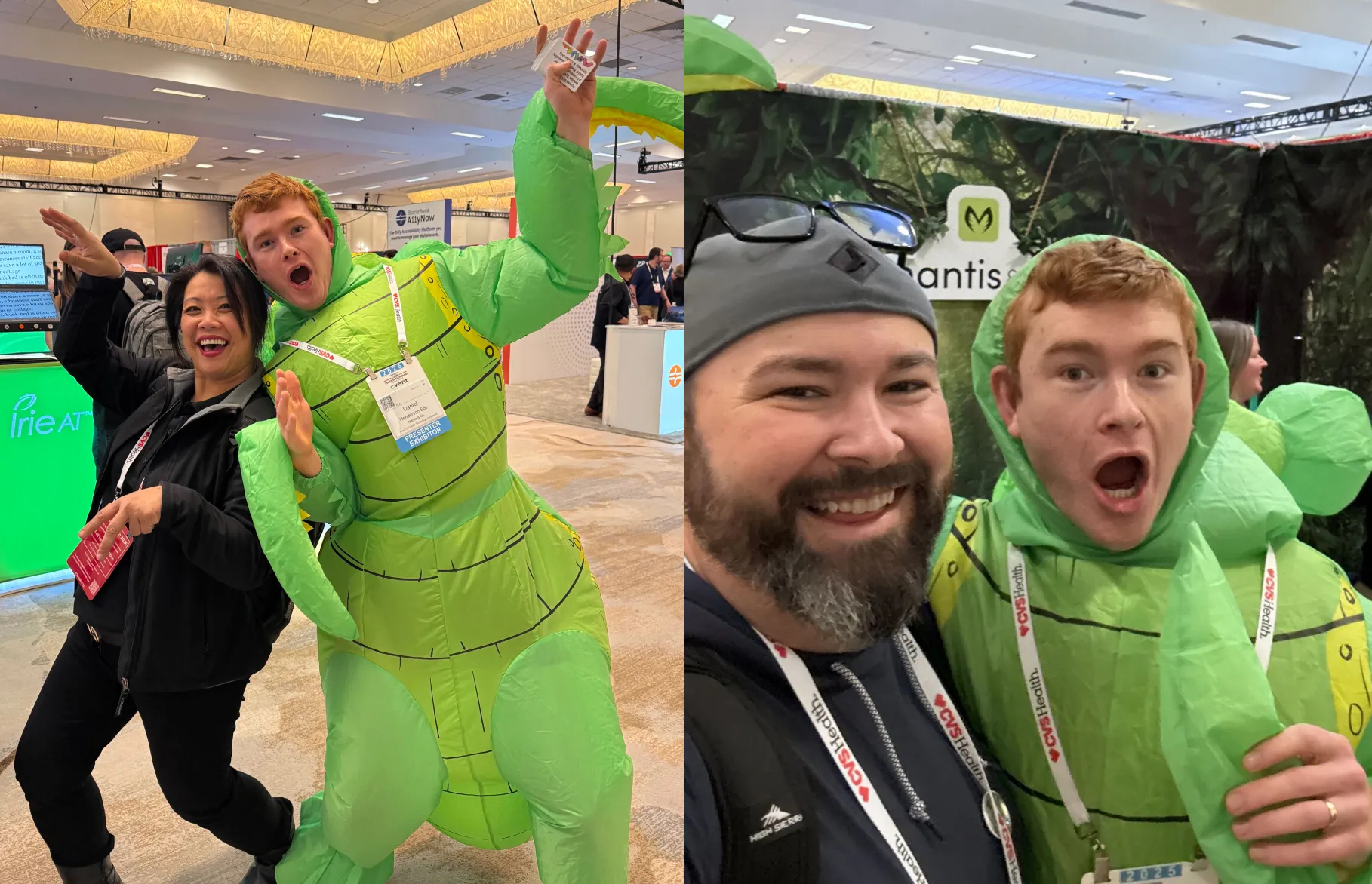 Daniel Henderson-Ede as the Mantis & Co. mascot which is a big green inflatable mantis constume, posing for photos with different people.