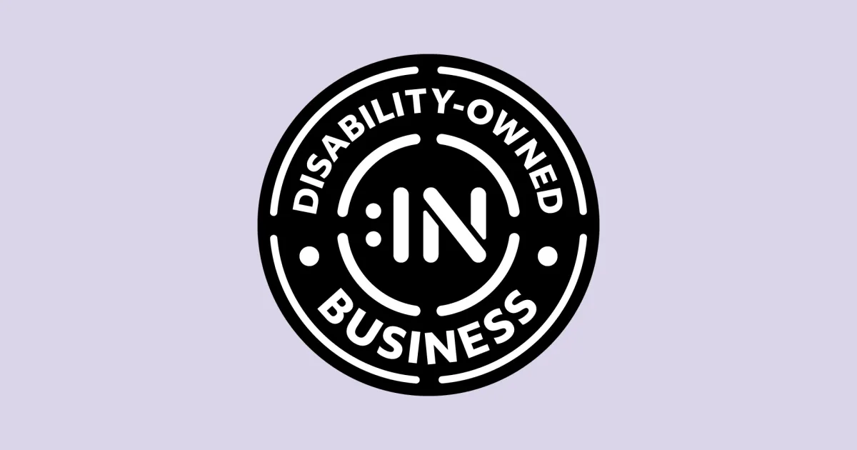 Disability-Owned Business circular certification badge with text shown in circular orientation and with Disability:IN icon logo in center.