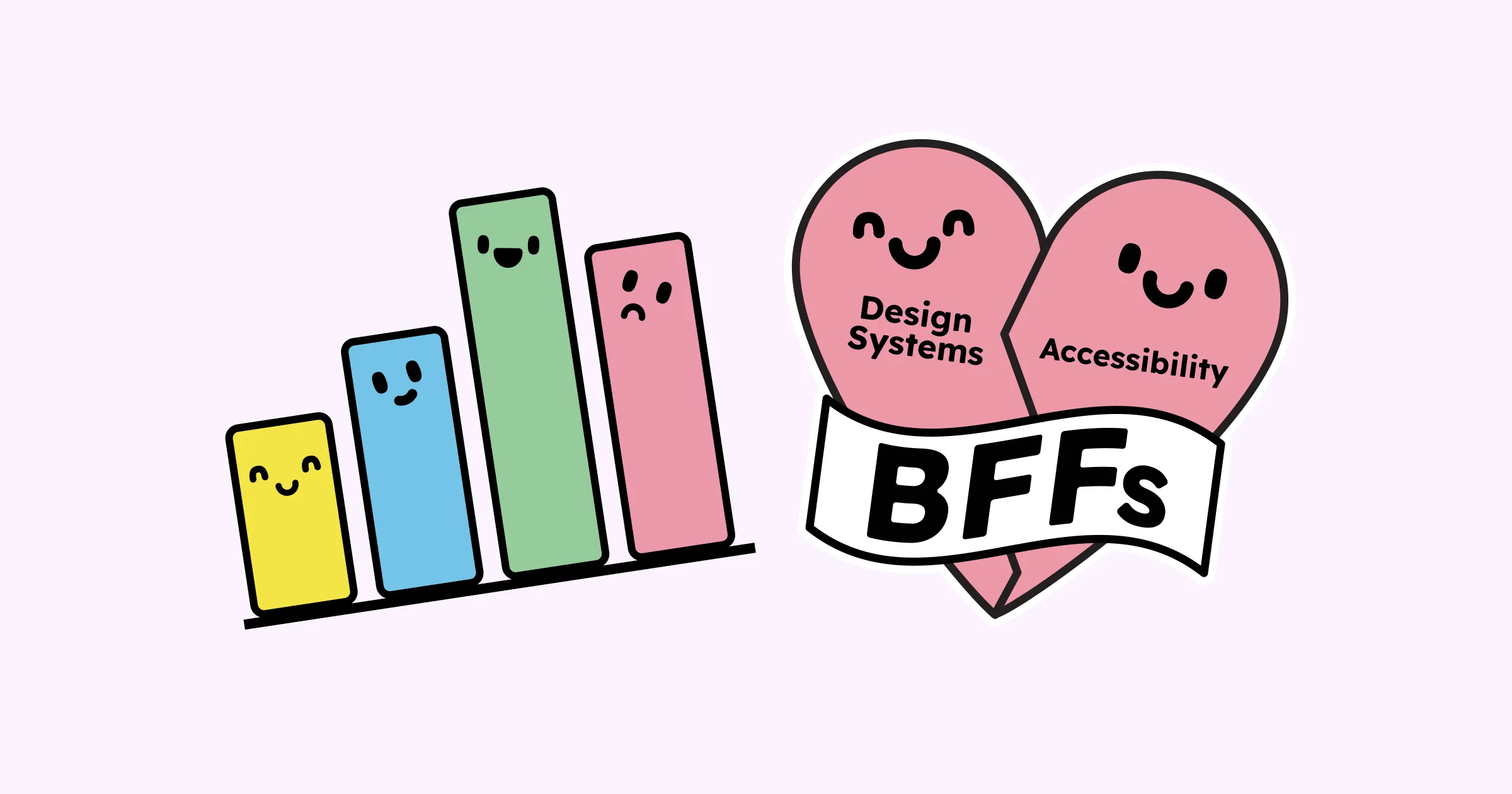 A bar chart next to a love heart split in two with the words Design Systems and Accessibility looking at each other