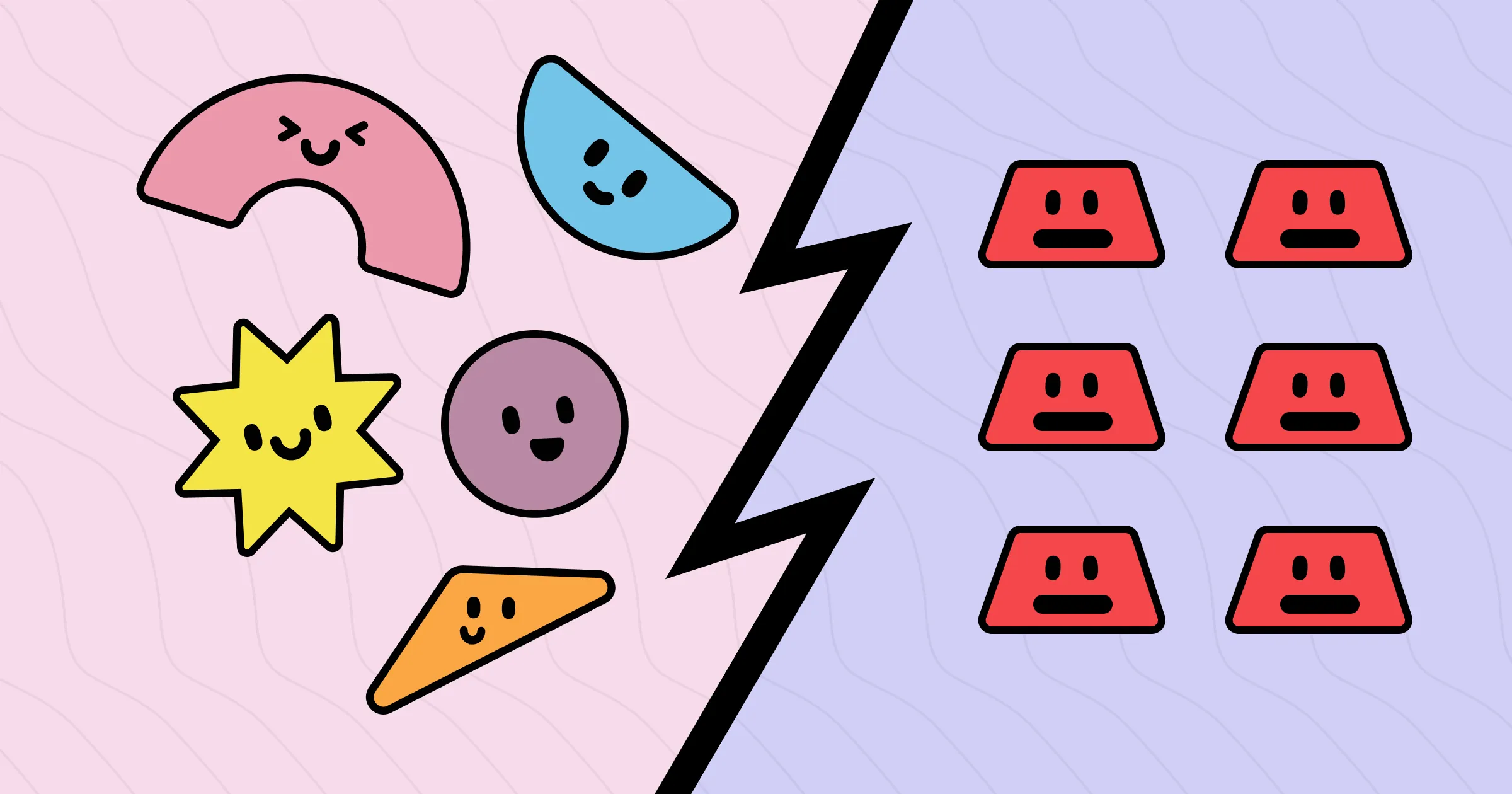 Illustration contrasting human collaboration versus AI agent behavior: diverse, expressive human characters (semicircle, teardrop, star, circle, and triangle shapes with happy faces) on the left side versus uniform, rigid AI agents (red trapezoidal shapes with neutral expressions) arranged in a grid on the right side, separated by a black lightning bolt