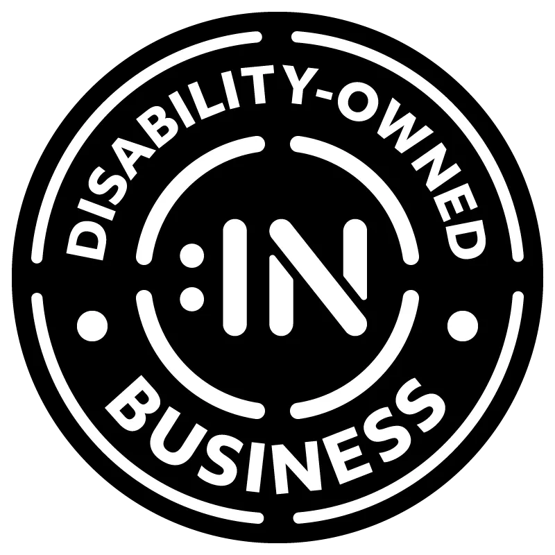 Disability-Owned Business circular certification badge with text shown in circular orientation and with Disability:IN icon logo in center.