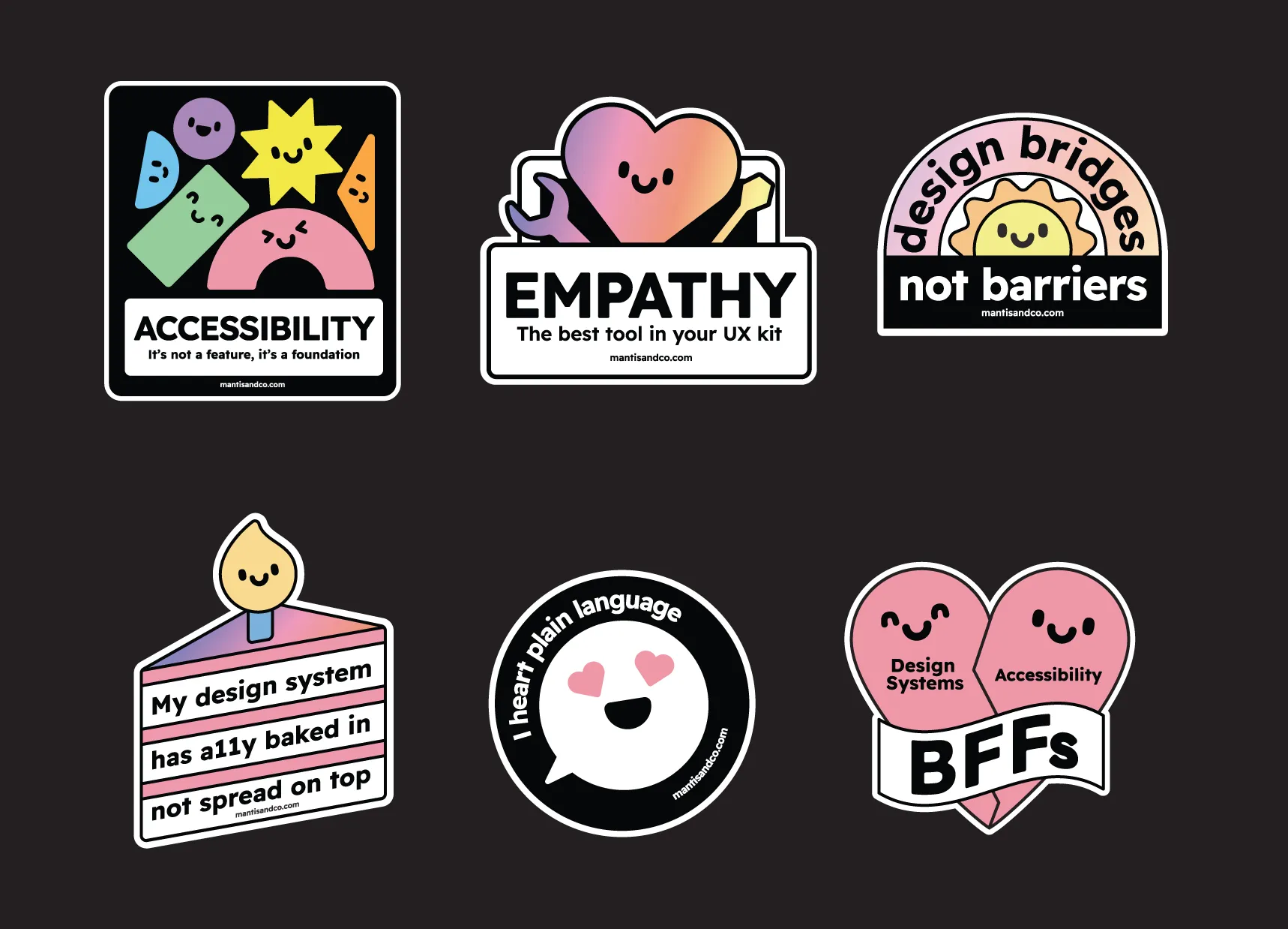 Set of six accessibility stickers. They each have illustrated elements with simple, adorable little characters.